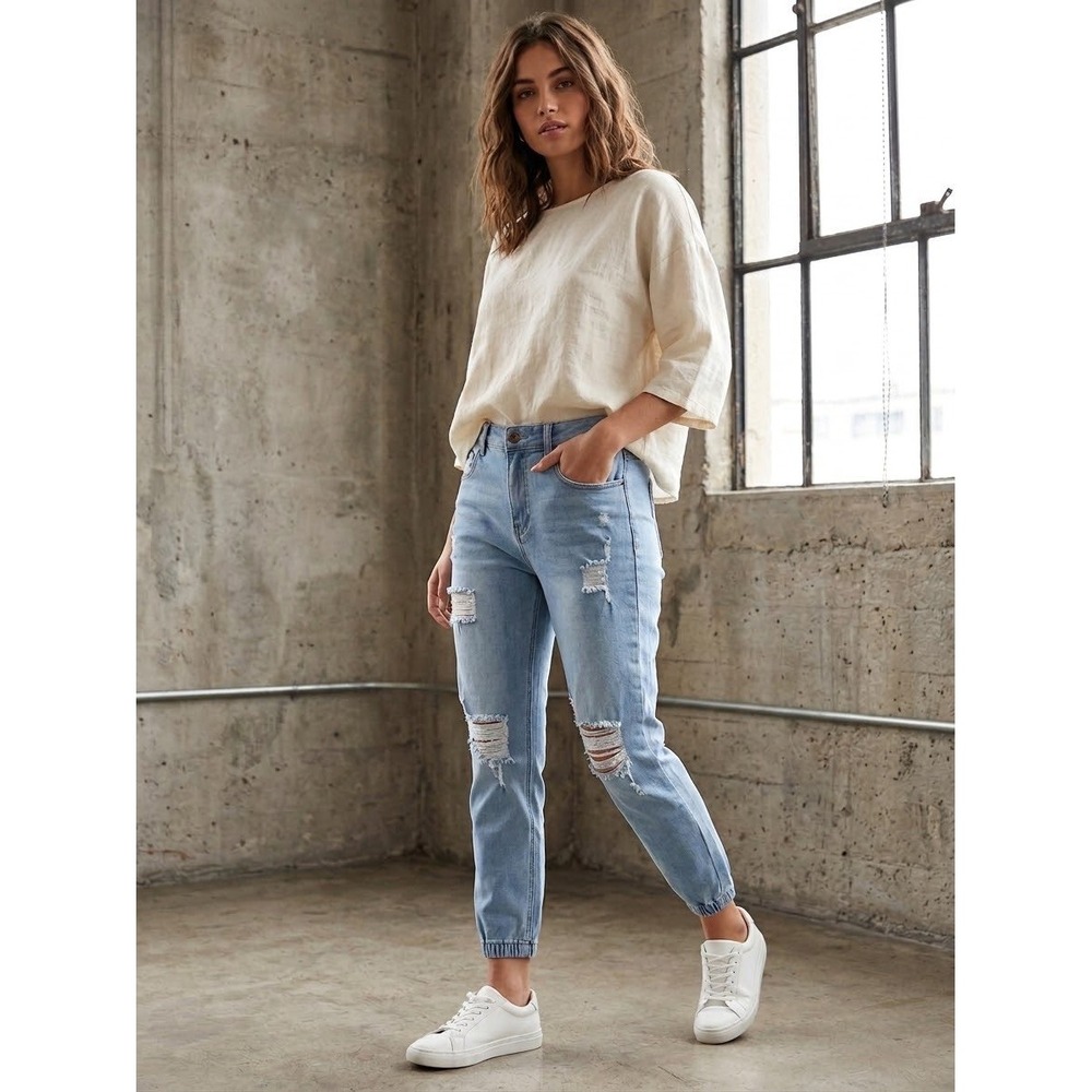 Women's Wax Jean Los Angeles Distressed Denim Joggers Light Wash High Rise M